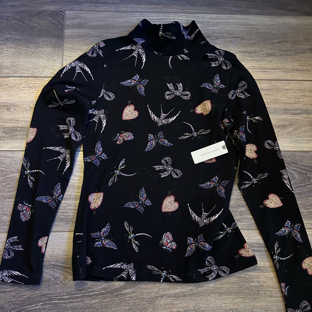 Anthropologie Black Long Sleeve Turtleneck with Butterfly and Hearts by Maeve